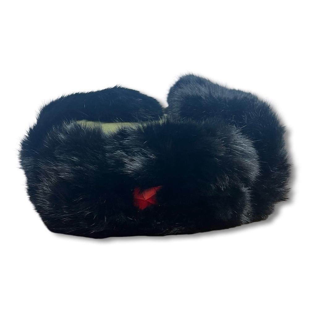 Vintage Chinese Fur Trooper Hat Red Star Quilted Black Green Red - Sz. 21.5”